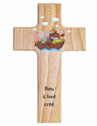 [MKR-01TFR018K] Holzkreuz - Buche natur - Dieu a tout créé (90x150mm)