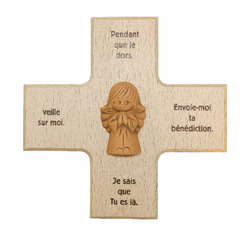 [MKR-01TFR100E] Kinderkruis/terra-cotta engel 'Pendant que je dors' - hout (120x120mm)