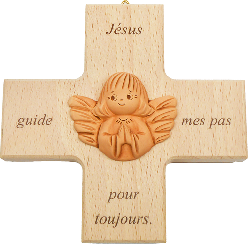 [MKR-01TFR105] Kinderkruis/terra-cotta engel 'Jésus guide mes pas' - hout (120x120mm)