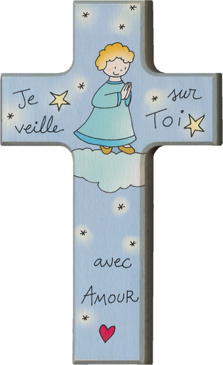 [MKR-01TFR601] Kinderkruis engel 'Je veille sur toi' - hout (90x150mm)