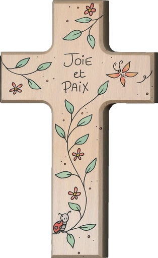 [MKR-01TFR604] Holzkreuz - Buche natur - Farbdruck 'Joie et Paix (90x150mm)