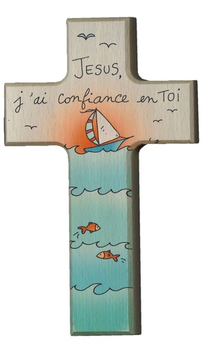 [MKR-01TFR605] Kinderkruis bootje 'Jésus, j'ai confiance' - hout (90x150mm)
