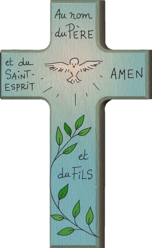[MKR-01TFR606] Croix murale Esprit Saint 'Au nom du Père' - bois (90x150mm)