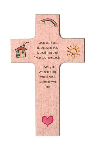 [MKR-01TNL004K] Kinderkruis 4 symbolen 'De avond komt' - hout (90x150mm)