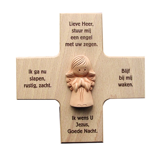 [MKR-01TNL100E] Kinderkruis terra cotta-engel 'Lieve Heer' - hout (120x120mm)