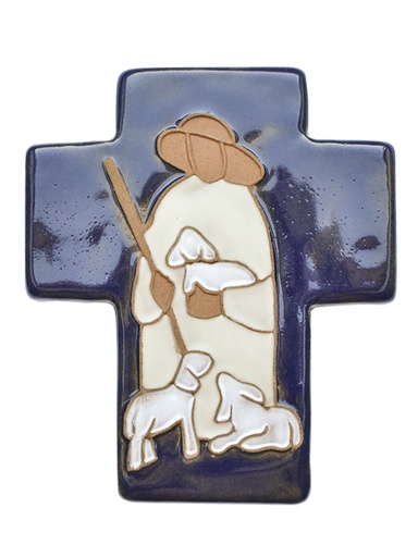 [MKR-02BON1B] Kruisbeeld keramiek - Goede Herder - donkerblauw (90x110mm)