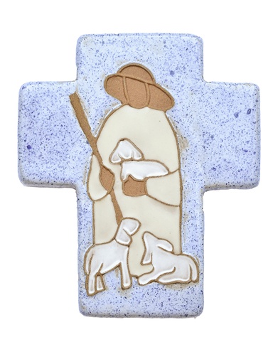[MKR-02BON1C] Croix céramique - Bon berger - bleu moucheté (90x110mm)