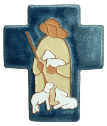 [MKR-02BON1C] Kruisbeeld keramiek - Goede Herder - blauw speciaal (90x110mm)