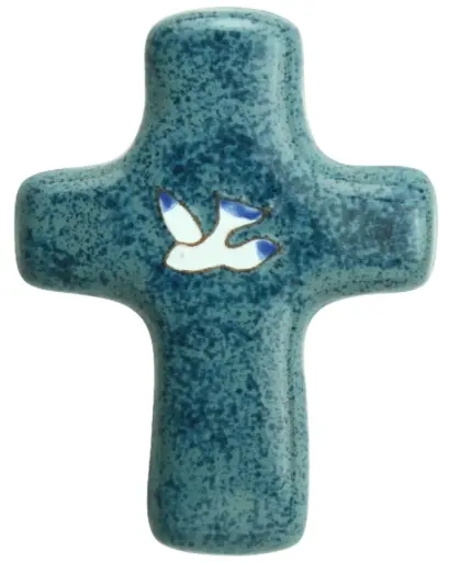 [MKR-02DF1D] Croix céramique - Colombe - bleu moucheté (85x115mm)