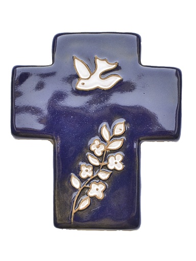 [MKR-02DFL1B] Croix céramique - Colombe & fleur - bleu foncée (95x105mm)