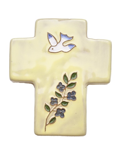 [MKR-02DFL1C] Croix céramique - Colombe & fleur - jaune (95x105mm)