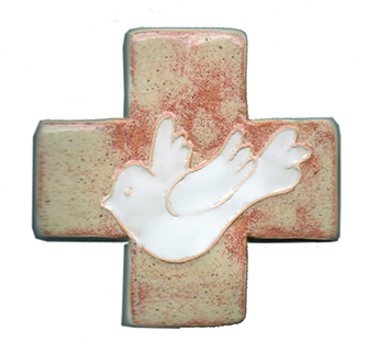[MKR-13F171D] Keramik Kreuz - Taube - Gelbbraun/Weiss (75x75mm)
