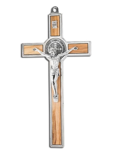 [MKR-35BEN12OL] Cross St Benedict/metal - olive wood (70x125mm)