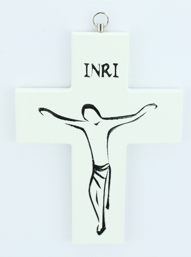 [MKR-35HT4546WT] Croix en bois peint blanche - Christ argenté sériegraphié (120x160mm)