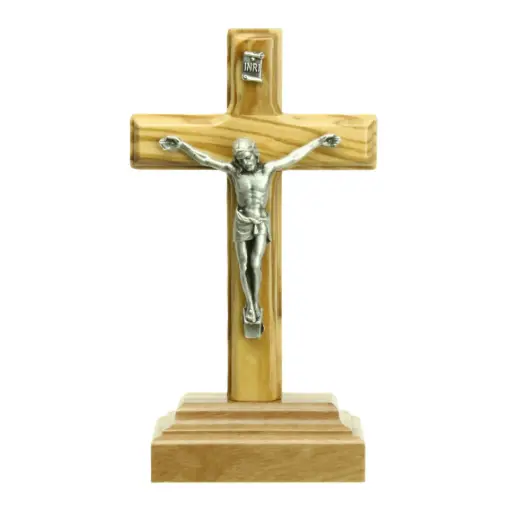 [MKR-35OLV4120] Croix sur pied/bois d'olivier - christ/métal (65x120mm)