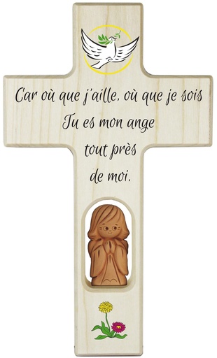 [MKR-41TFR409E] Kinderkruis hout/engel - 'Mon ange gardien...' (120x200mm)