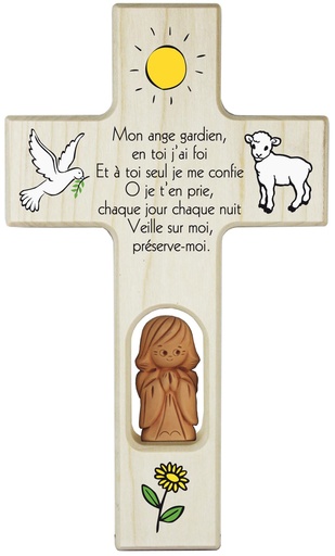 [MKR-41TFR414E] Kinderkruis hout/engel - 'Car où que j'aille,...' (120x200mm)