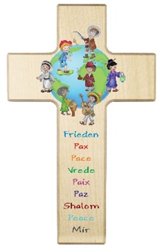 [MKR-41TFR471] Kinderkruis hout - 'Frieden, Paix, Pace' (90x150mm)