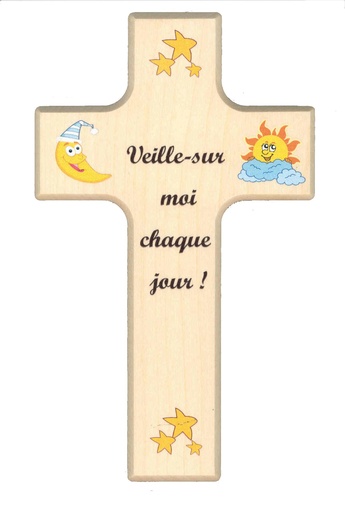 [MKR-41TFR477] Croix enfant bois - 'Veille sur moi' (90x150mm)