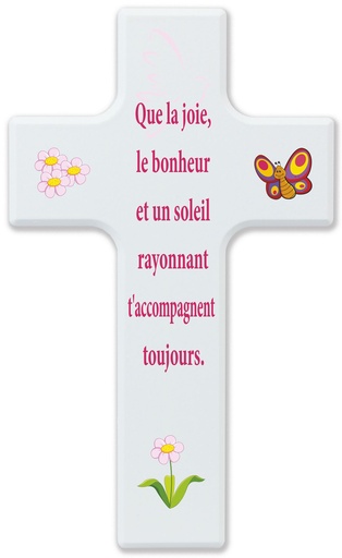 [MKR-41TFR478WT] Holzkreuz,Ahorn weiss - Franzözisch 'Que la joie...' (90x150mm)