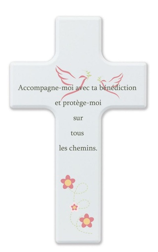 [MKR-41TFR479WT] Kinderkruis hout/wit - 'Accompagne-moi' (90x150mm)