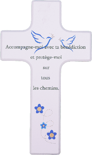 [MKR-41TFR496WT] Croix enfant bois/blanche bleue - "Accompagne-moi...  (90x150mm)