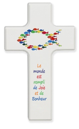 [MKR-41TFR499WT] Kinderkreuz Holz weiss lackiert - 'Fisch/Le monde est...' (90x150mm)