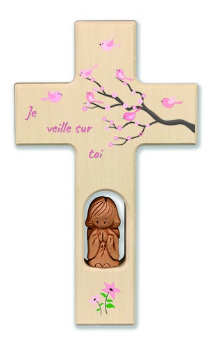 [MKR-41TFR508] Holzkreuz Tonengel mit Kristal/Rosa - 'Je veille sur toi' (90x150mm)