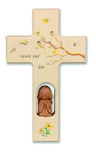 [MKR-41TFR516] Kruisje hout/engel-oranje swarovski - 'Je veille sur toi' (90x150mm)