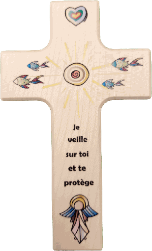 [MKR-41TFR518] Kinderkreuz Holz - Je veille sur toi... (90x150mm)