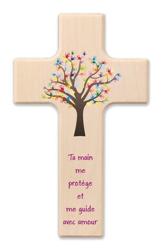 [MKR-41TFR522] Croix enfant bois - 'Ta main me protège' (90x150mm)