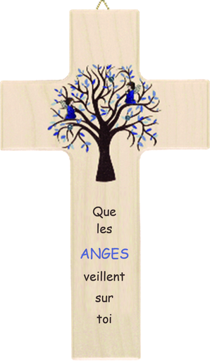 [MKR-41TFR532] Croix enfant bois - Arbre de Vie/bleu 'Que les ANGES' (90x150mm)