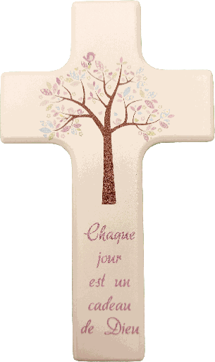 [MKR-41TFR540RS] Kinderkreuz Holz weiss lakiert - 'Chaque jour ...'/Rosa (90x150mm)