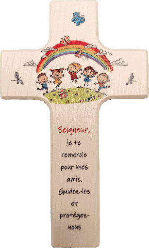[MKR-41TFR544] Croix enfant bois - 'Seigneur, je te remercie...' (90x150mm)