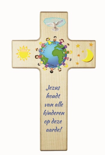 [MKR-41TNL466] Kinderkruis hout - 'Jezus houdt van...' (90x150mm)