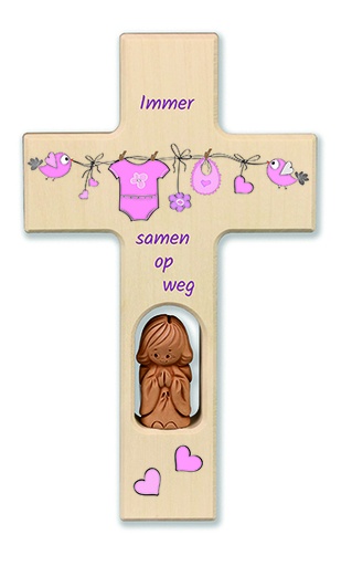 [MKR-41TNL512] Holzkreuz Tonengel - 'Immer samen op weg'/Rosa (90x150mm)