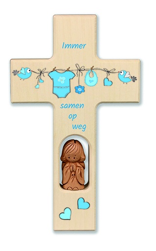 [MKR-41TNL515] Holzkreuz Tonengel - 'Immer samen op weg'/Blau (90x150mm)