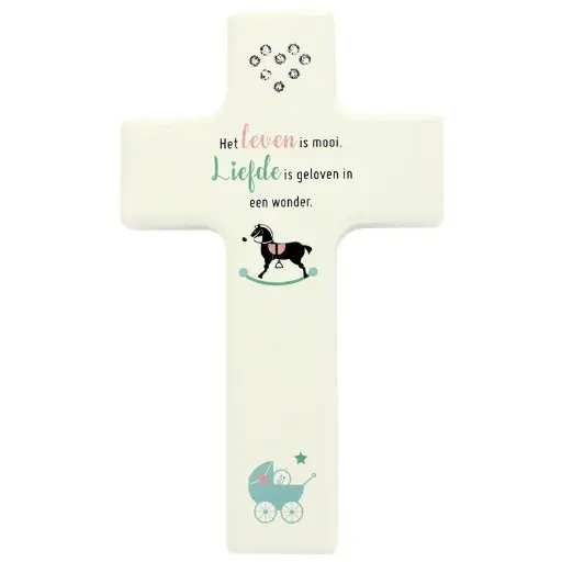 [MKR-41TNL520WT] Croix enfant bois/blanche swarovski - 'Het leven is mooi' (90x150mm)