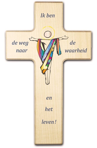 [MKR-41TNL526] Kinderkreuz Holz - 'Ik ben de weg ...' (90x150mm)