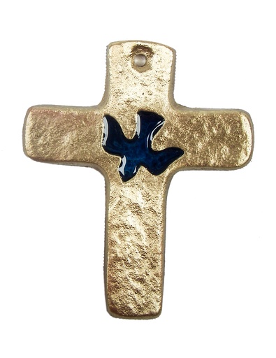 [MKR-56B1816BL] Croix murale bronze - Colombe/emaillé bleu (70x85mm)