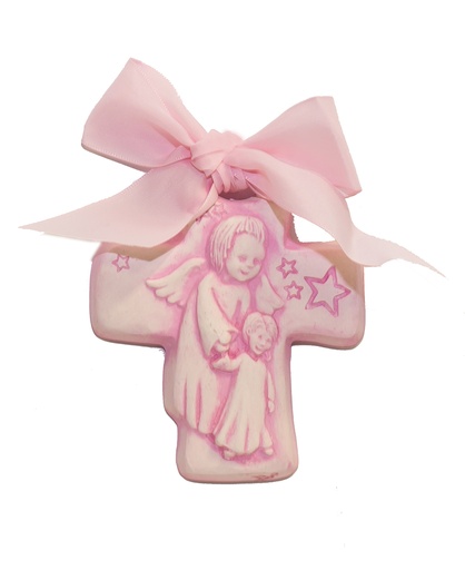[MKR-56EGBRS] Croix murale/résine - Ange gardien/rose (75x90mm)