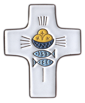 [MKR-58VG109A] Croix  céramique - Pain & poissons - blanche (95x120mm)