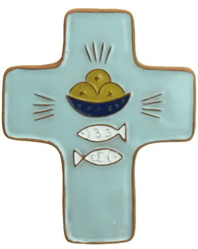 [MKR-58VG109B] Keramik Kreuz - Brot & Fisch - Blau (95x120mm)