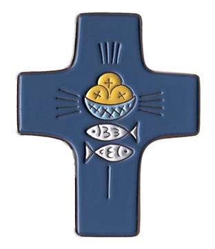 [MKR-58VG109C] Croix  céramique - Pain & poissons - bleu foncée (95x120mm)