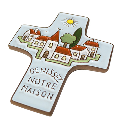 [MKR-58VG11B] Ceramic cross - 'Bénissez notre...' - blue (95x120mm)