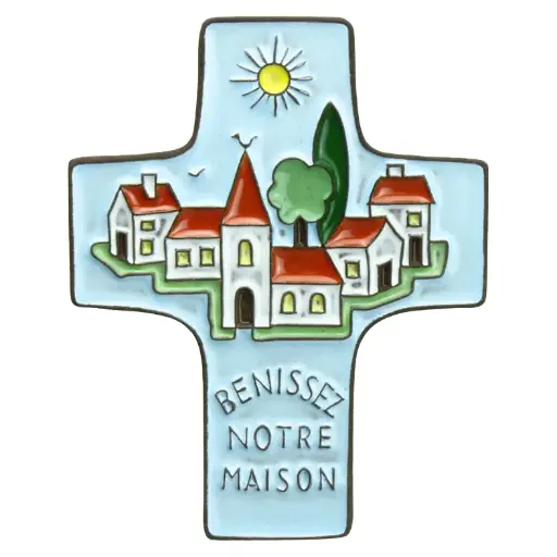 [MKR-58VG11B] Croix  céramique - 'Bénissez notre...' - bleu ciel (95x120mm)