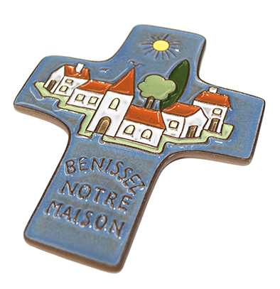 [MKR-58VG11C] Ceramic cross - 'Bénissez notre...' - darkblue (95x120mm)
