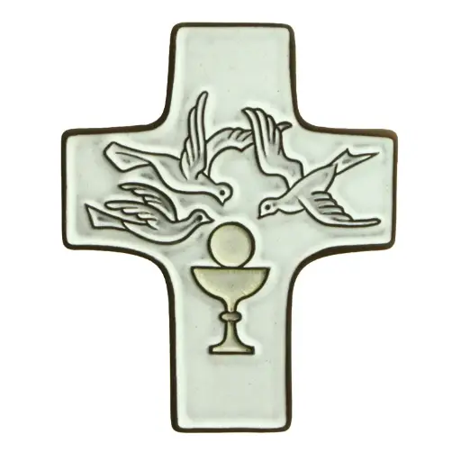 [MKR-58VG13A] Keramik Kreuz - Kelch & 3 Taube - Weiss (95x120mm)