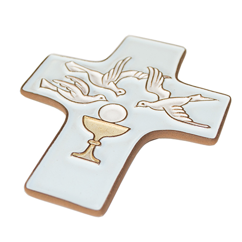 [MKR-58VG13B] Ceramic cross - Calice & 3 colombs - blue (95x120mm)