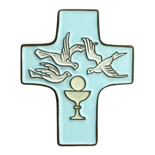 [MKR-58VG13B] Kruisbeeld keramiek - Kelk & 3 duiven - licht blauw (95x120mm)